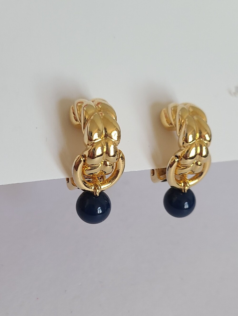 Vintage Gold Tone Braided Door Knocker Blue Lucite Ball Clip On Hoop Earrings